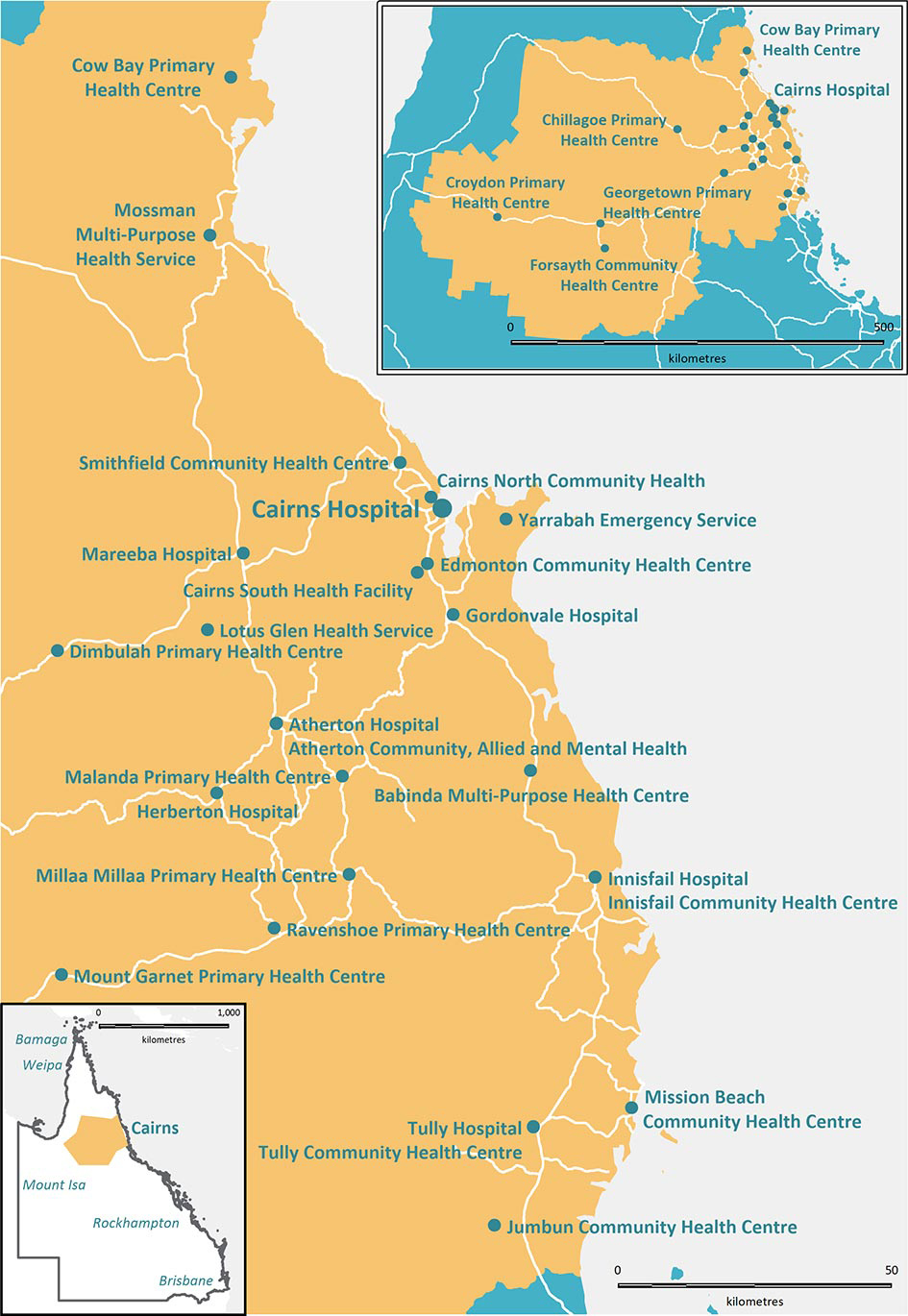 Map showing the borders and health facilities of the Cairns and Hinterland Hospital and Health Service
