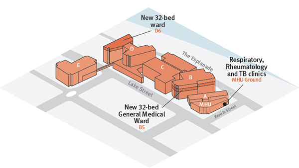 Illustration of Cairns Hospital floor plan with new areas identified