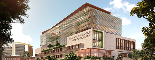Rendering of the new building at the Cairns Hospital expansion, showcasing modern architecture and surrounding landscape.