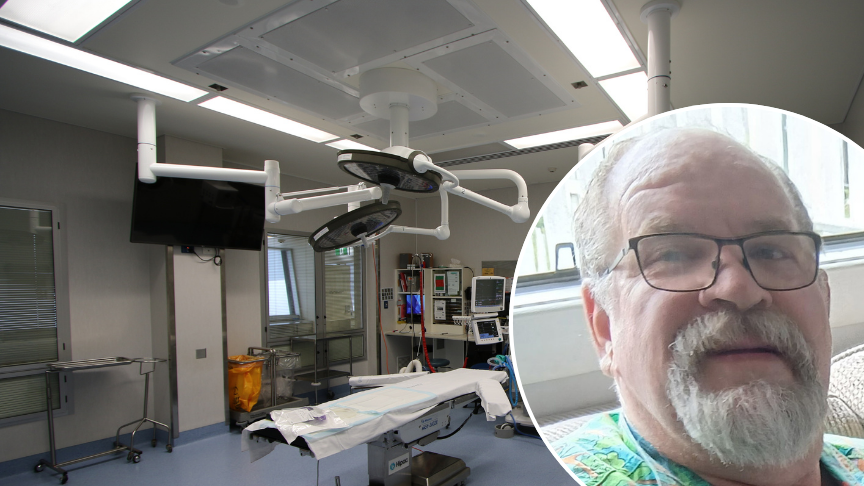 Image of surgical theatre with inset of smiling man