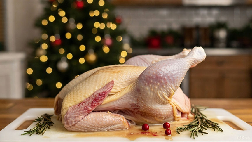 Raw turkey sitting on a wooden cutting board with a festively decorated background