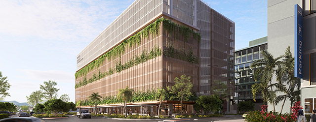 Rendering of the new staff carpark at the Cairns Hospital expansion, showcasing modern architecture and surrounding landscape.