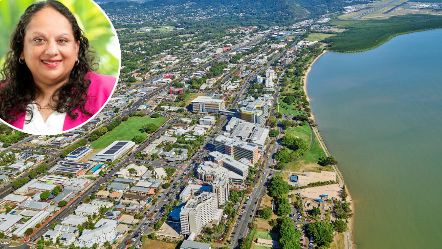 Aerial image of Cairns Hospital and surrounding area with inset picture of Leena Singh