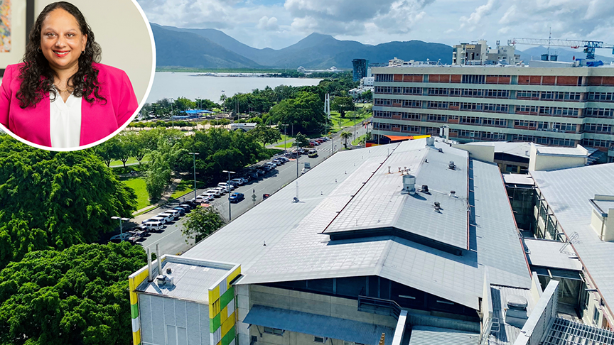 Image of Cairns Hospital with inset of CHHHS chief executive, Leena Singh